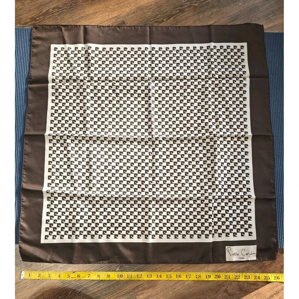 Vintage Pierre Cardin Brown Logo Geometric Pattern Square Scarf